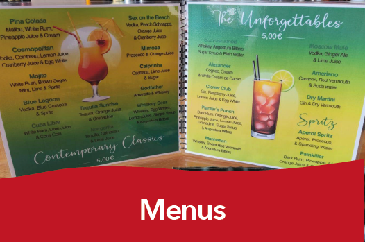 Custom restaurant and bar menu design and printing in Benalmádena, Torremolinos and Fuengirola